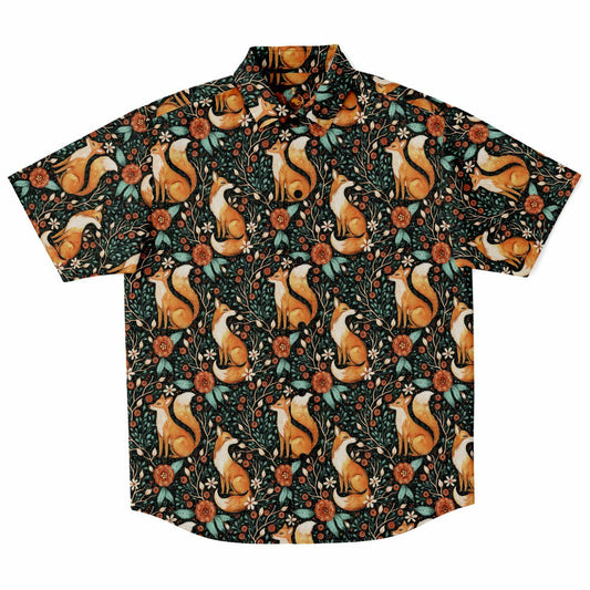 Cottagecore Fox Print Short Sleeve Button-Up Shirt