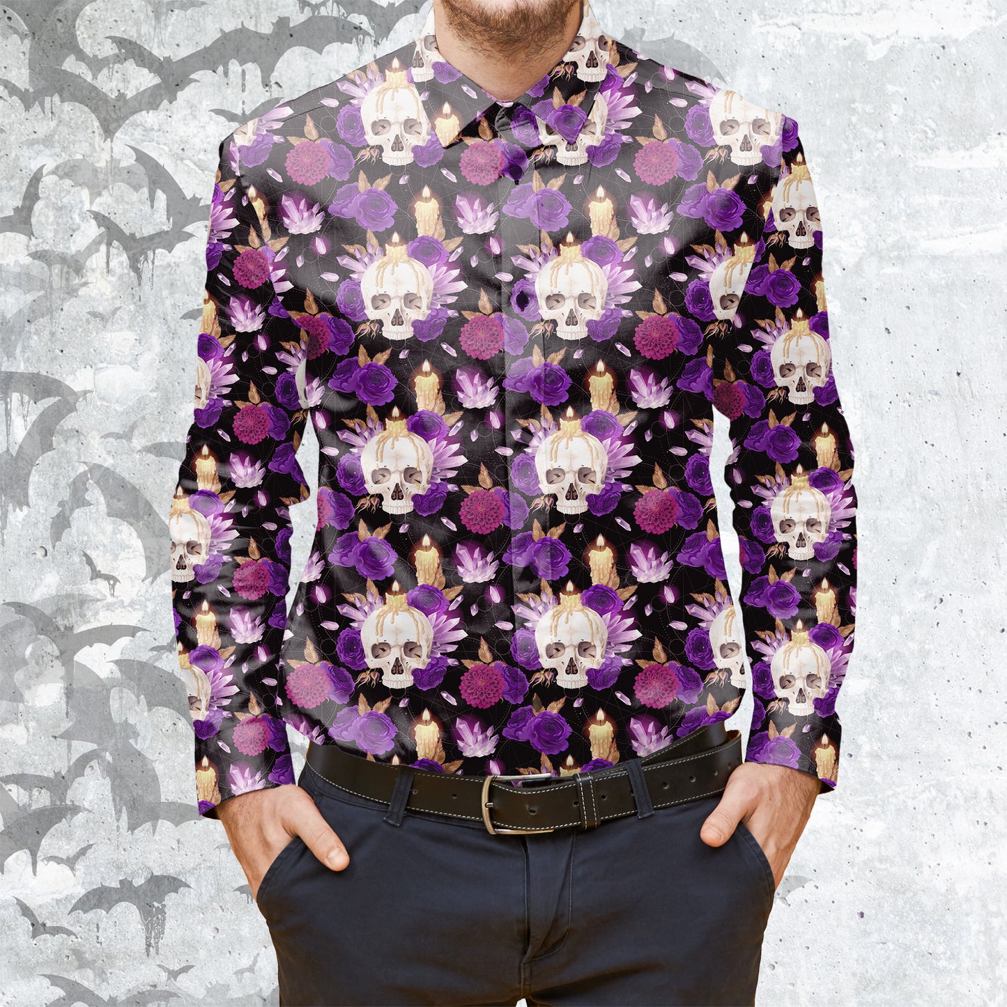 Crystal Skull and roses Long Sleeve buttun-up shirt
