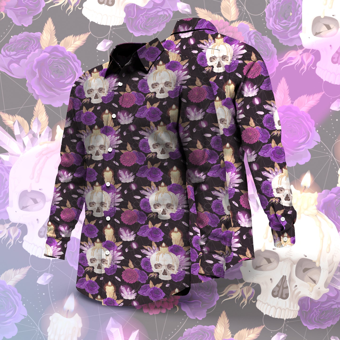 Crystal Skull and roses Long Sleeve buttun-up shirt