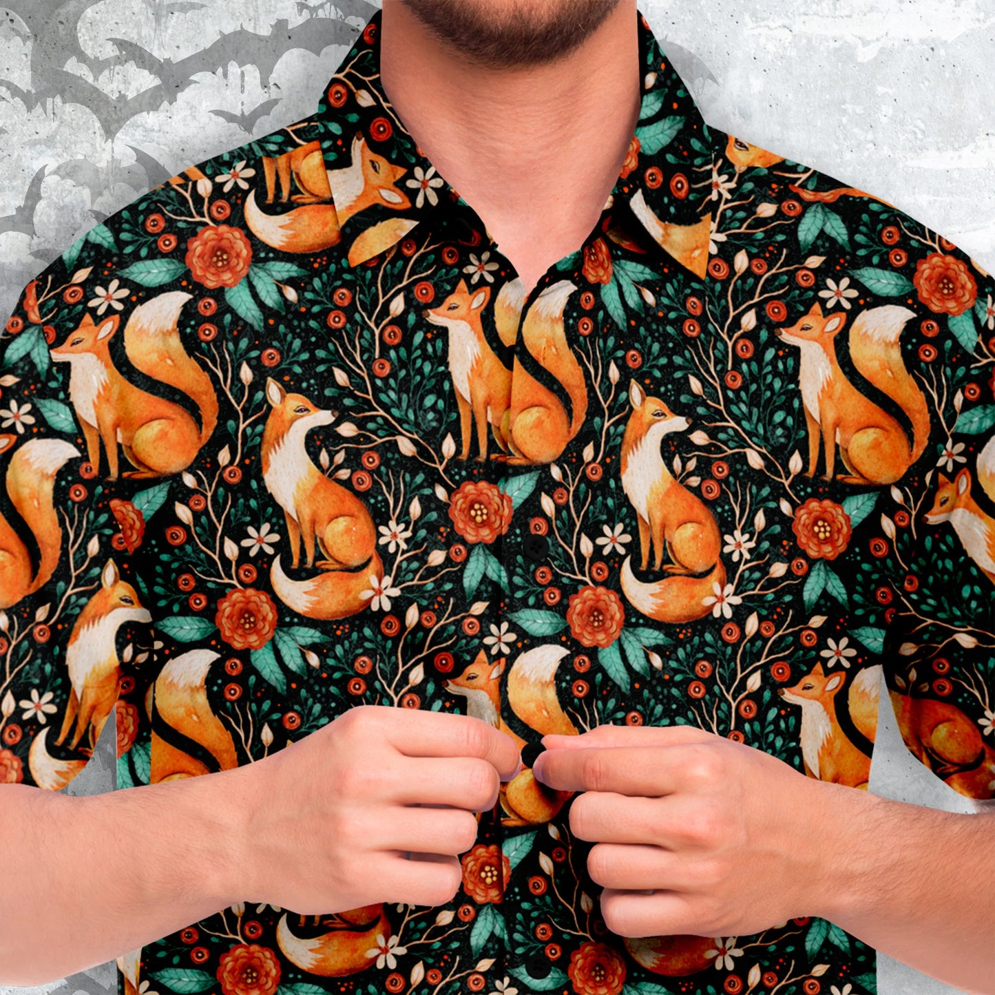 Cottagecore Fox Print Short Sleeve Button-Up Shirt