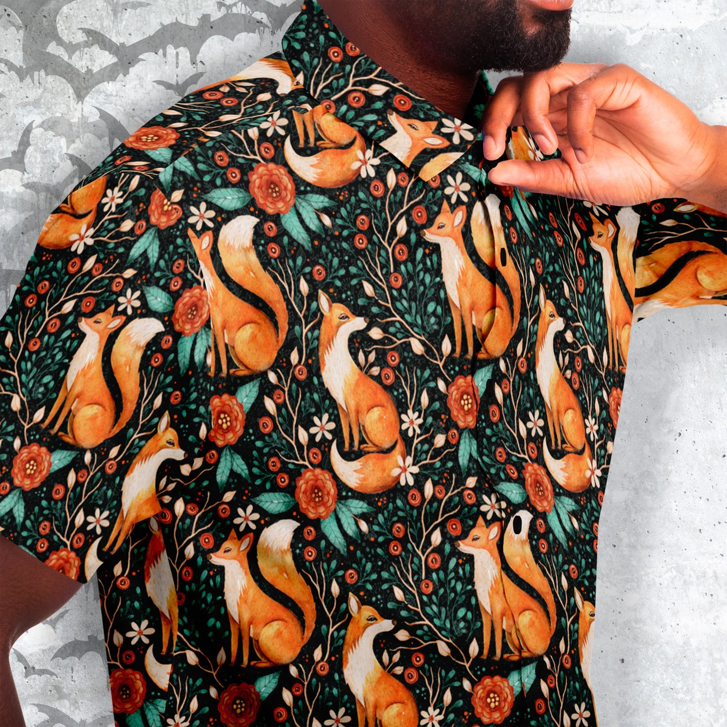 Cottagecore Fox Print Short Sleeve Button-Up Shirt