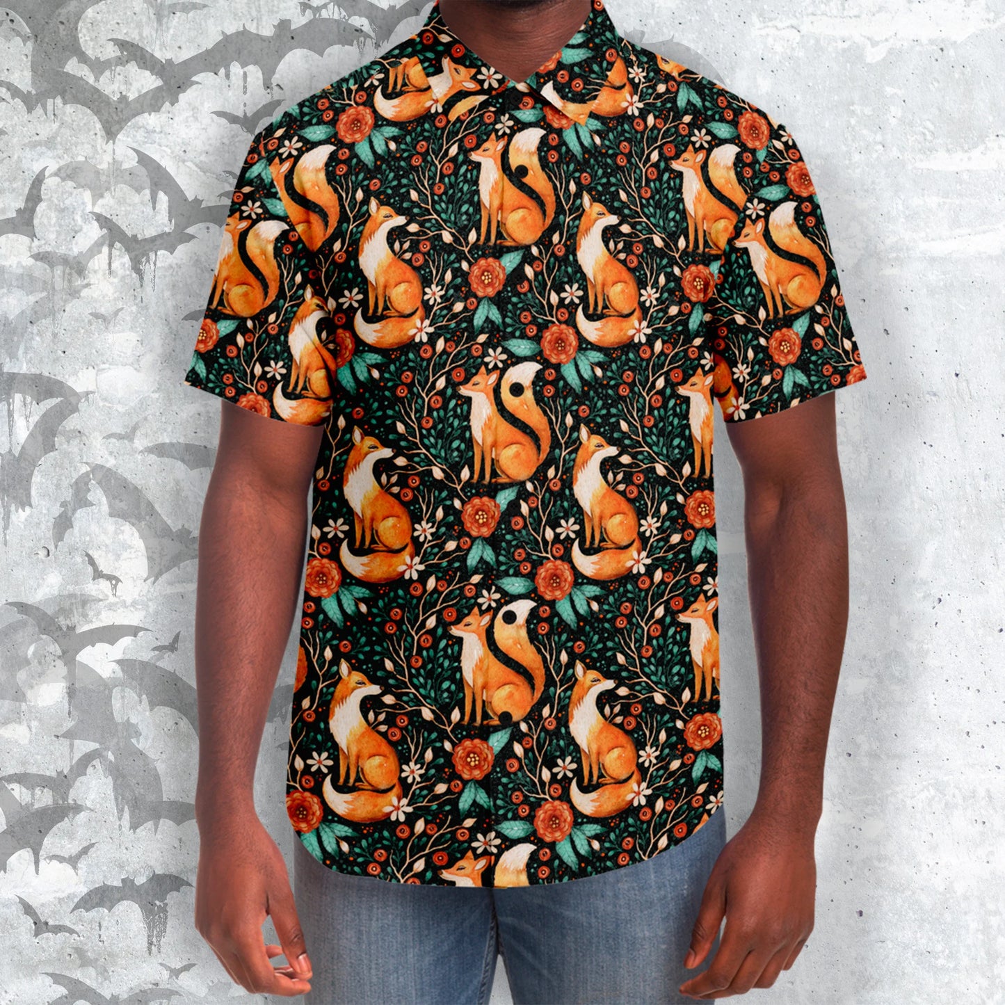 Cottagecore Fox Print Short Sleeve Button-Up Shirt