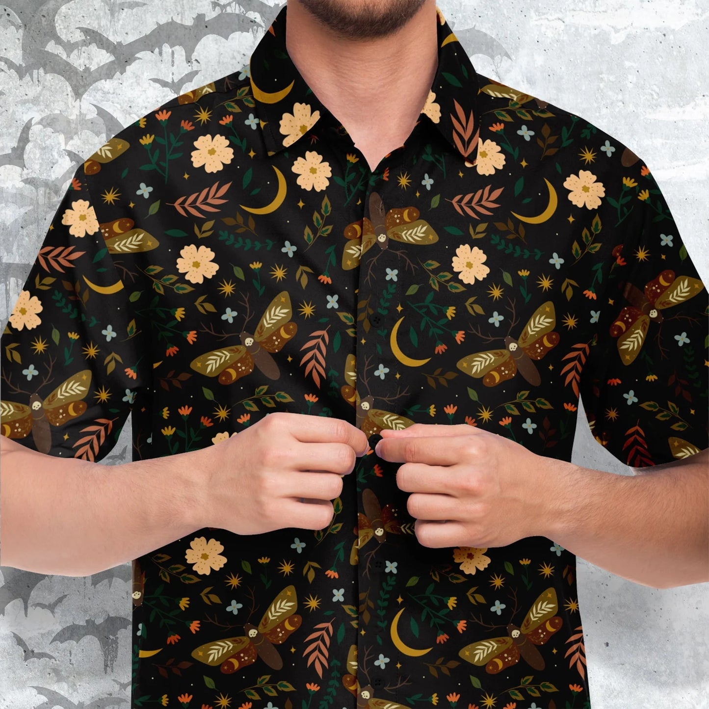 Moths and flowers short sleeve button-up shirt
