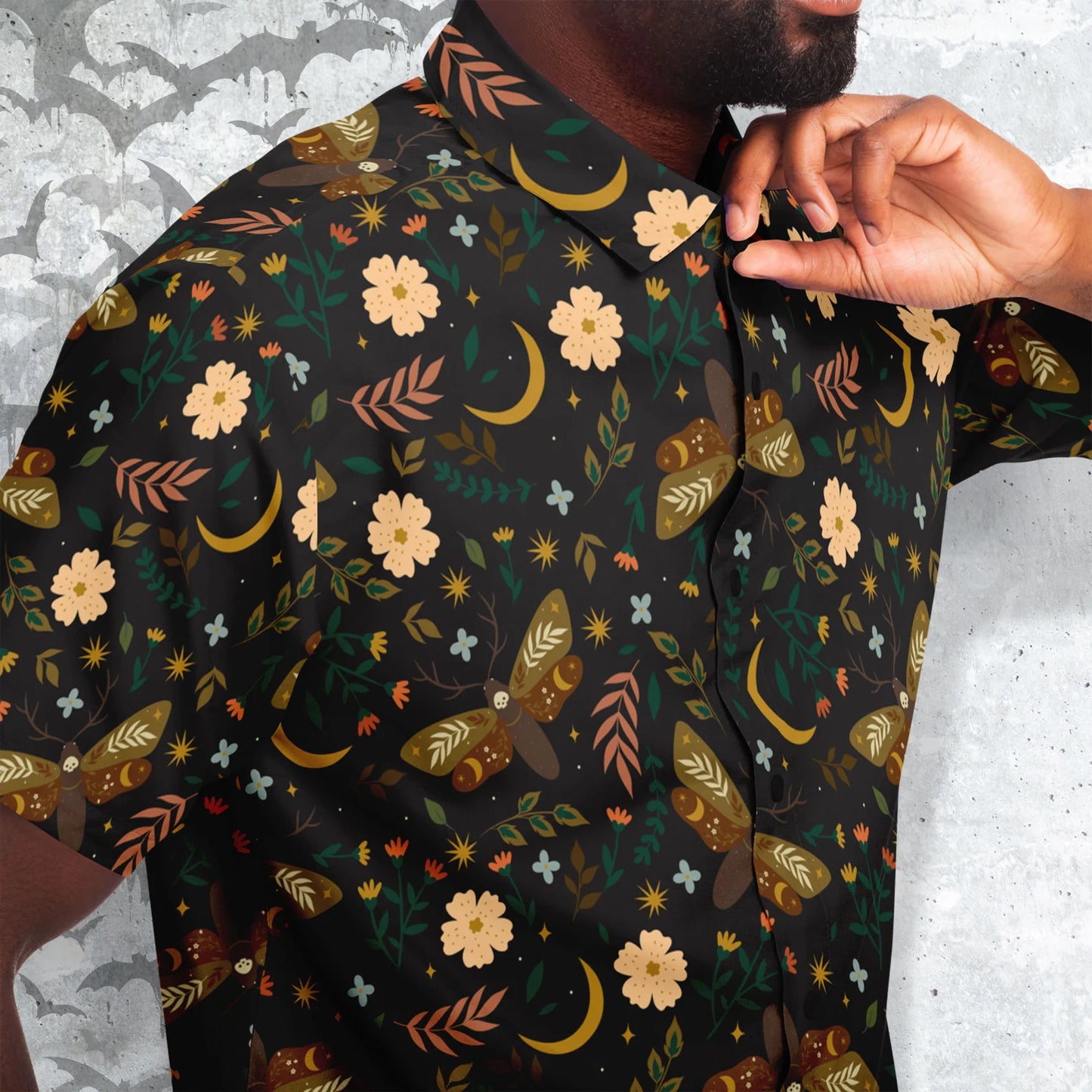 Moths and flowers short sleeve button-up shirt