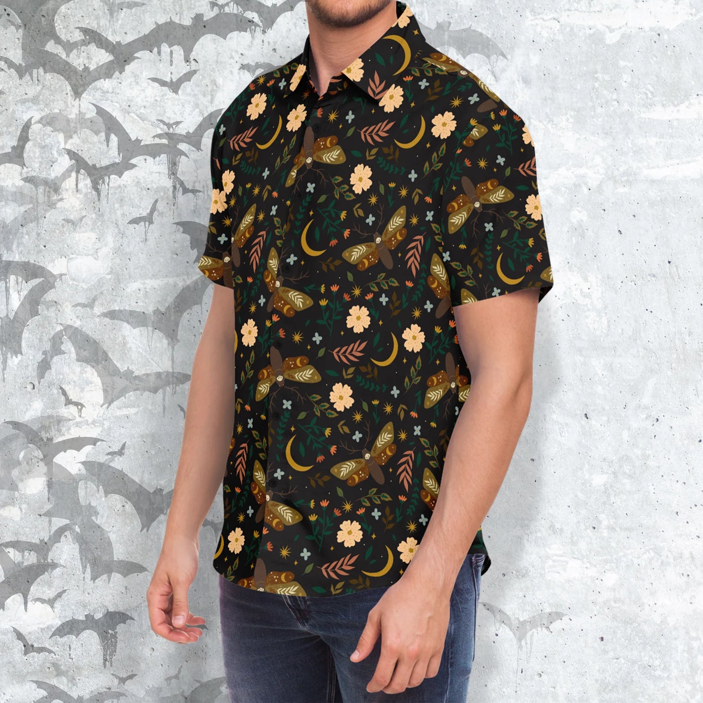 Moths and flowers short sleeve button-up shirt