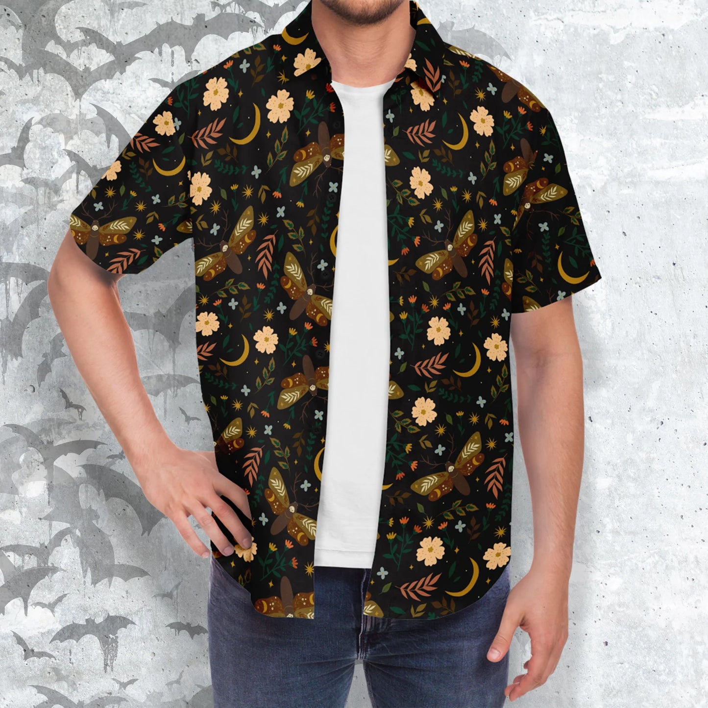 Moths and flowers short sleeve button-up shirt