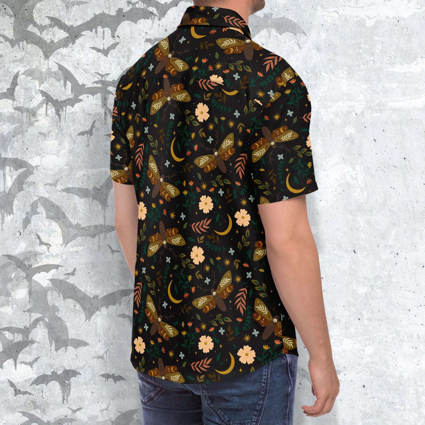 Moths and flowers short sleeve button-up shirt