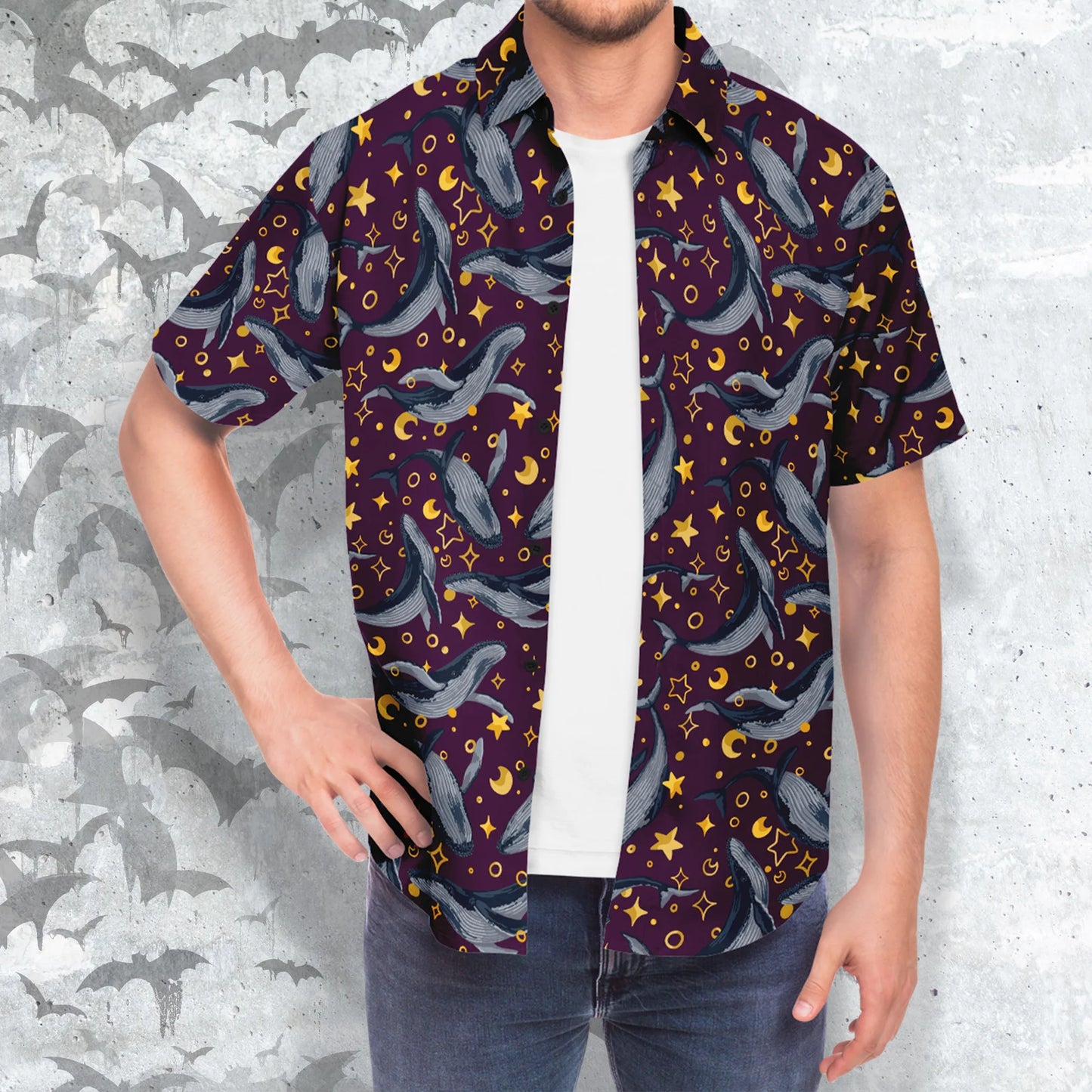 Star Whales short sleeve button-up shirt