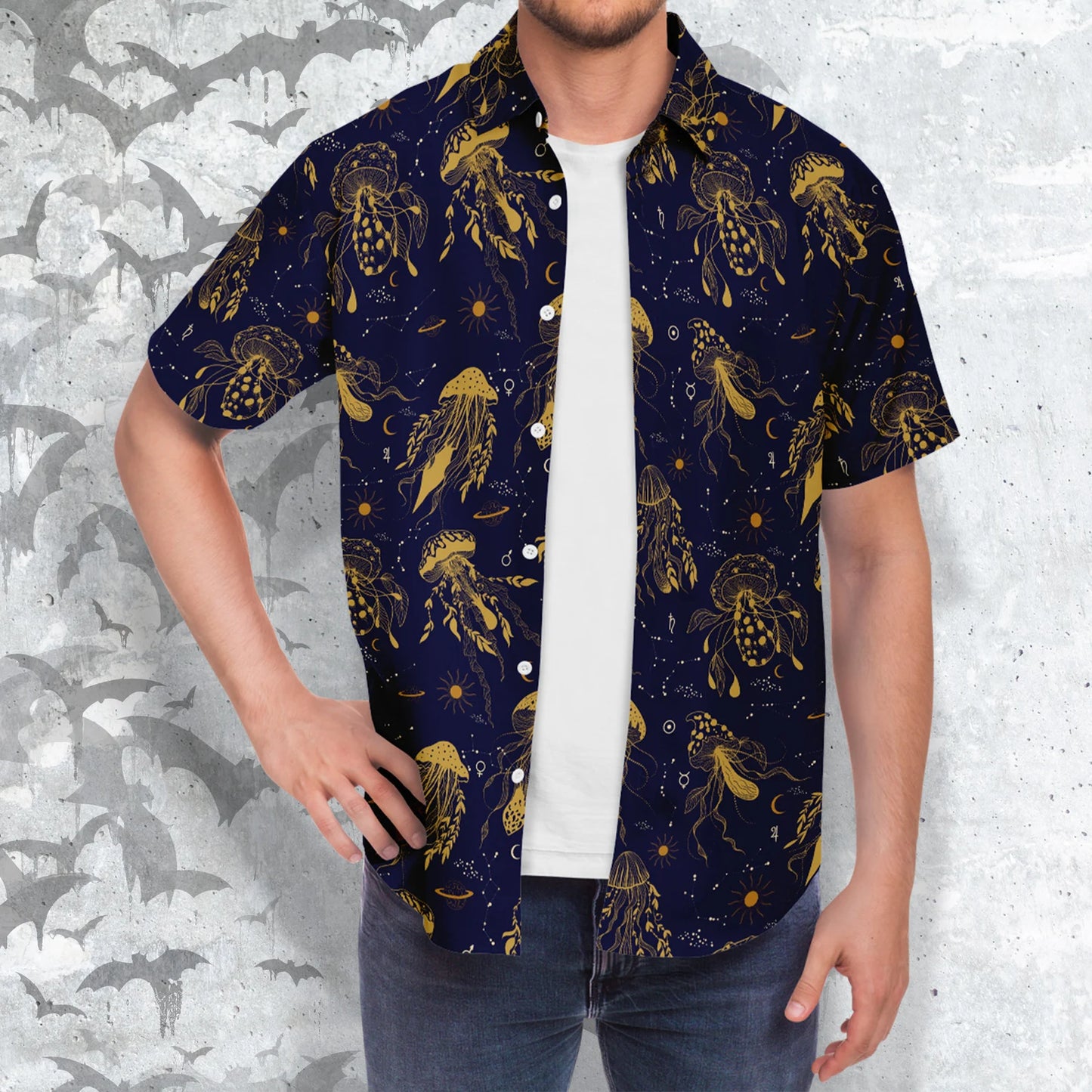 Mystical mushrooms short sleeve button-up shirt