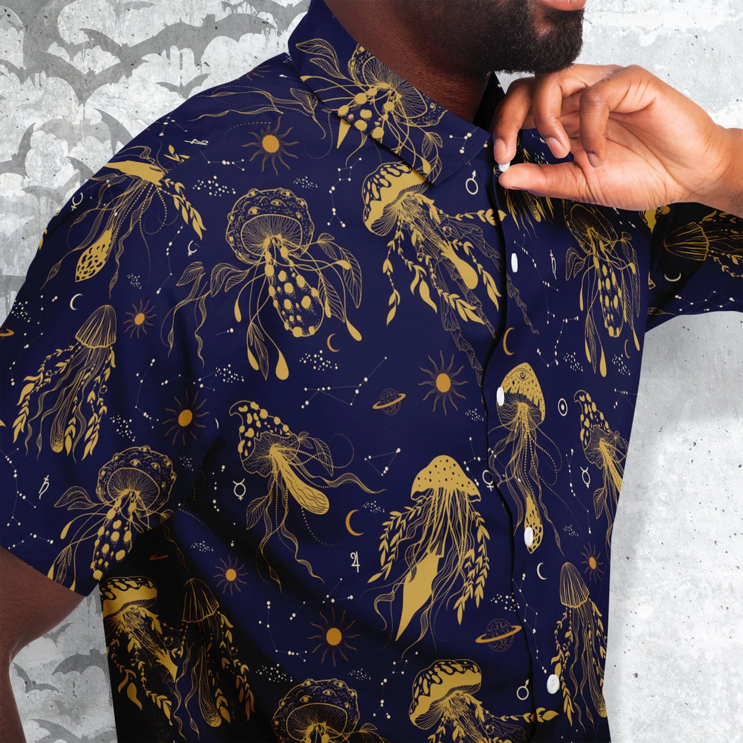 Mystical mushrooms short sleeve button-up shirt