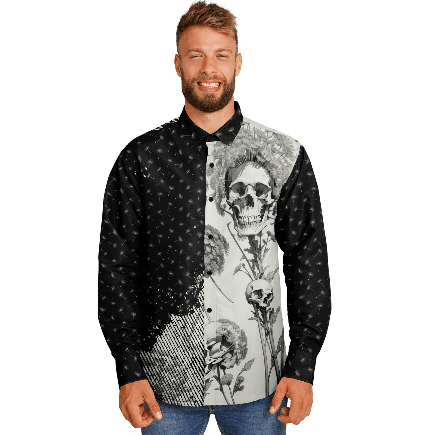 Dandelion and Skull Long Sleeve Button-up Shirt