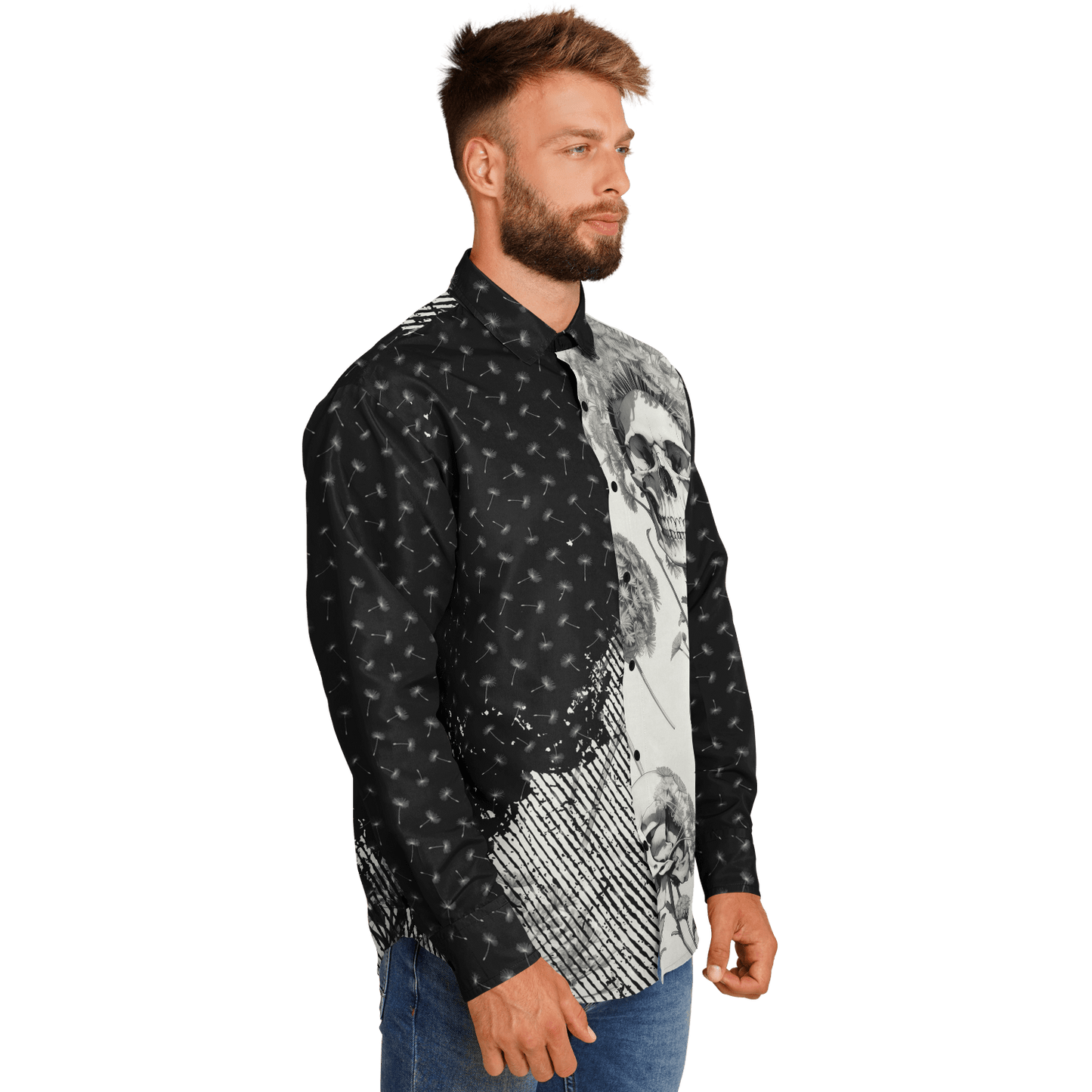 Dandelion and Skull Long Sleeve Button-up Shirt