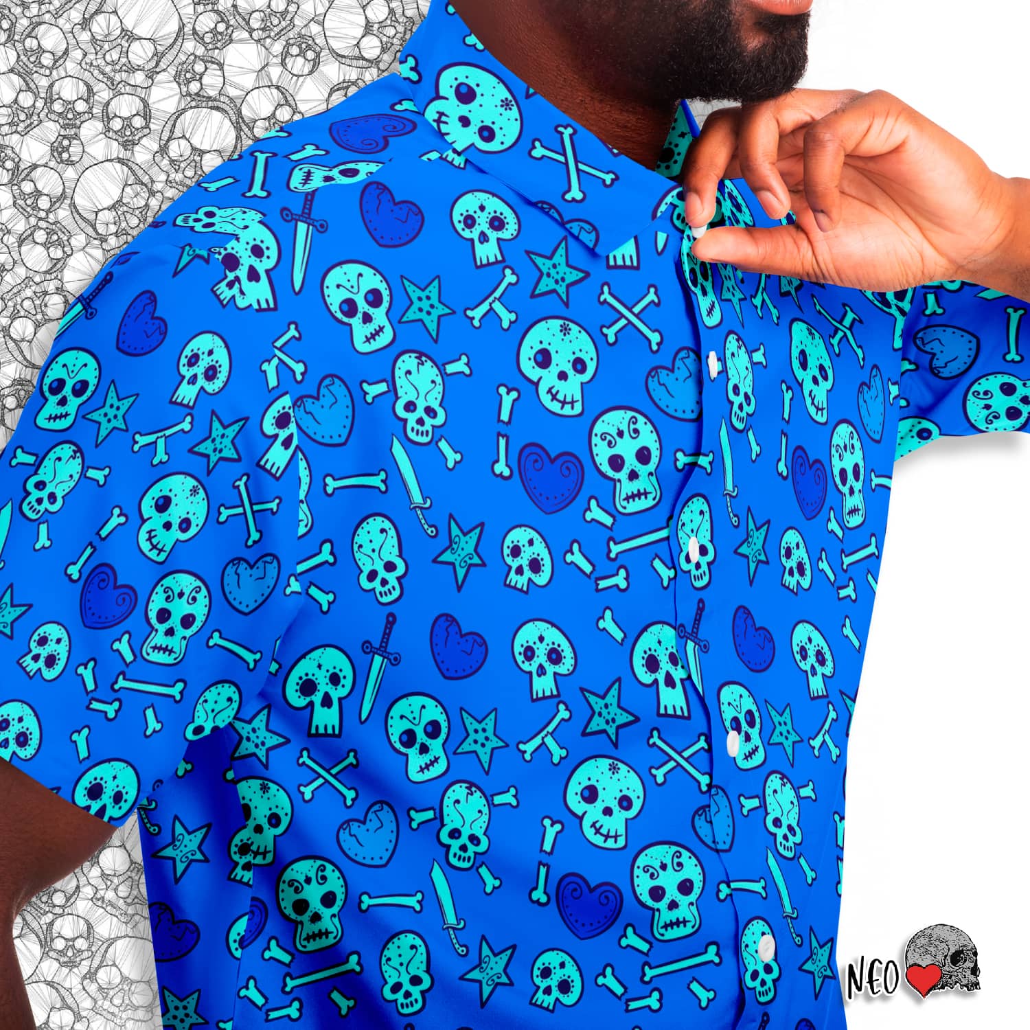 Skull and Heart Madness Button Down Short - NeoSkull