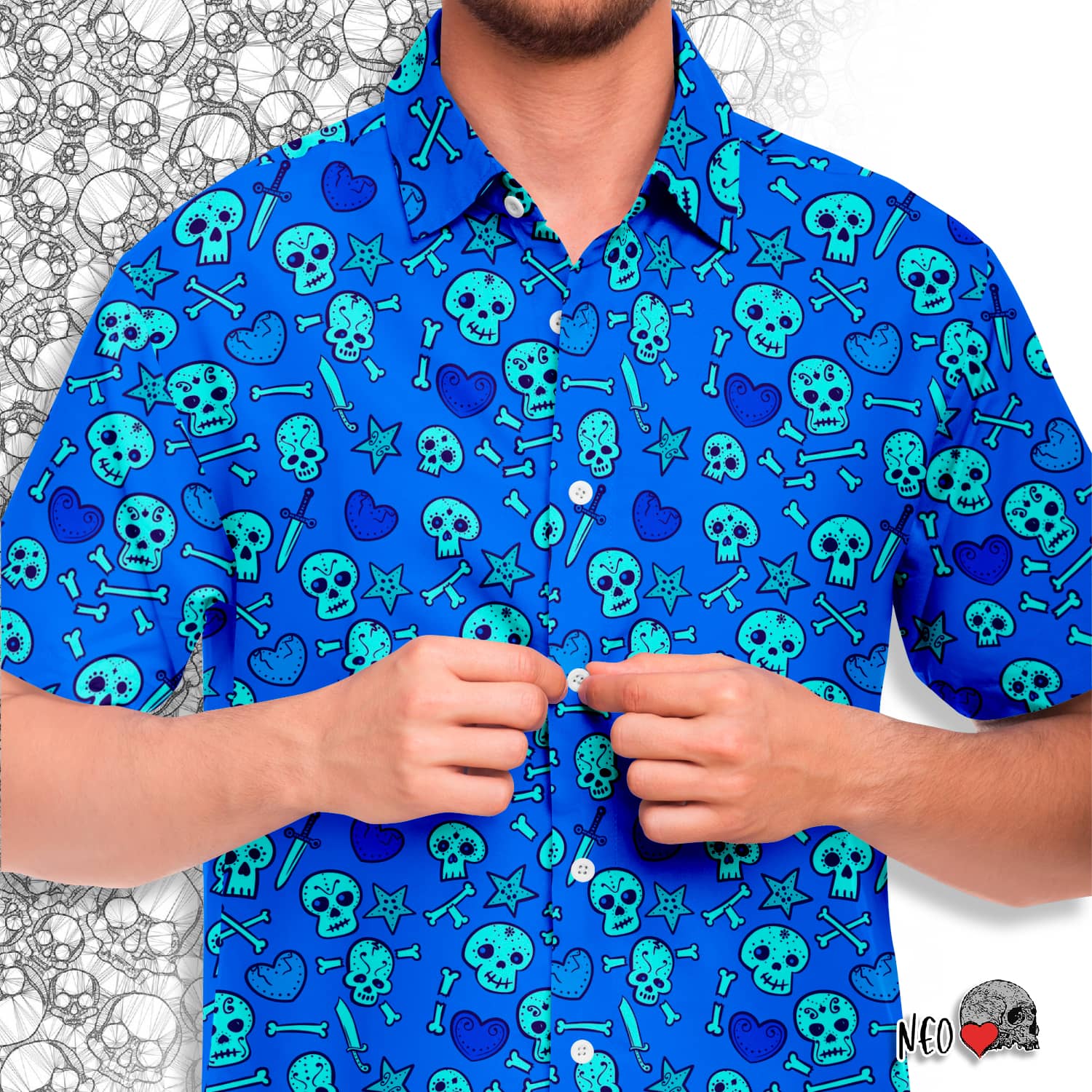 Skull and Heart Madness Button Down Short - NeoSkull