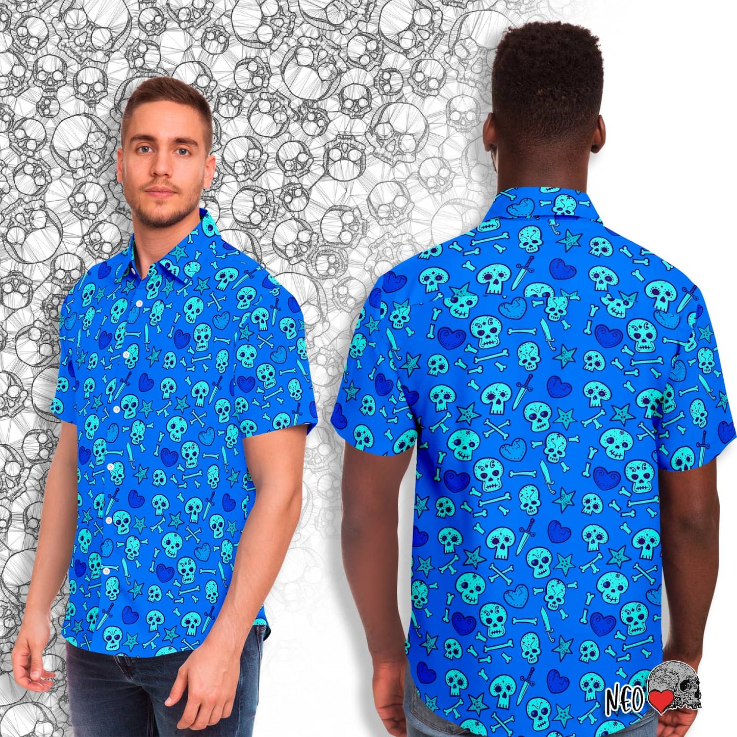 Skull and Heart Madness Button Down Short - NeoSkull
