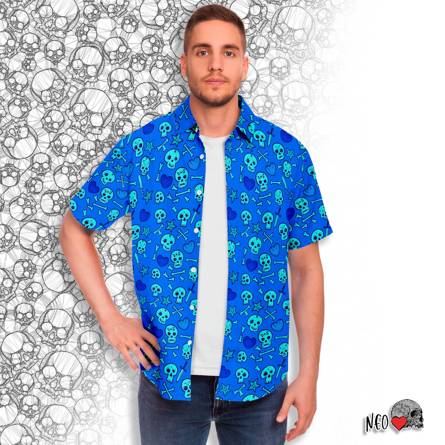 Skull and Heart Madness Button Down Short - NeoSkull