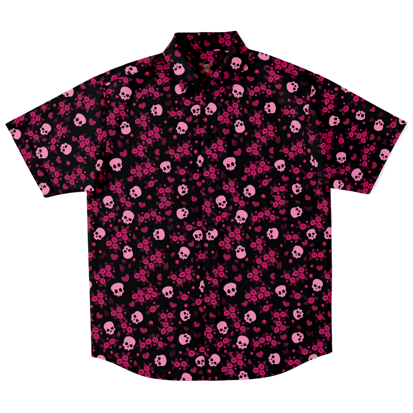 Pink Flowers and Skull short sleeve button-up shirt