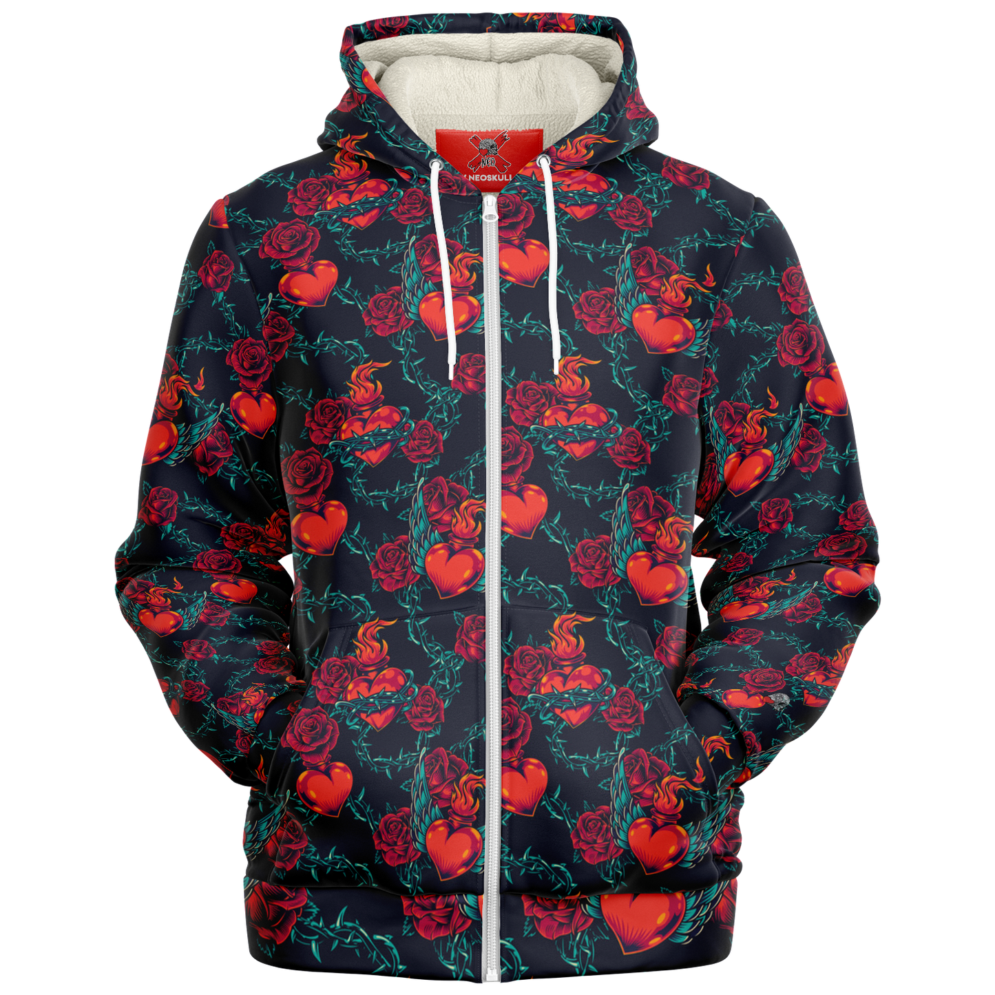 Fiery Hearts and Roses Zip-up hoodie features