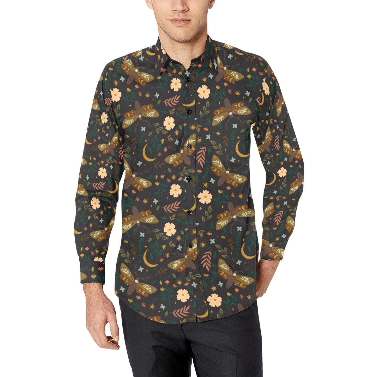 Moth and Flowers long sleeve button-up shirt