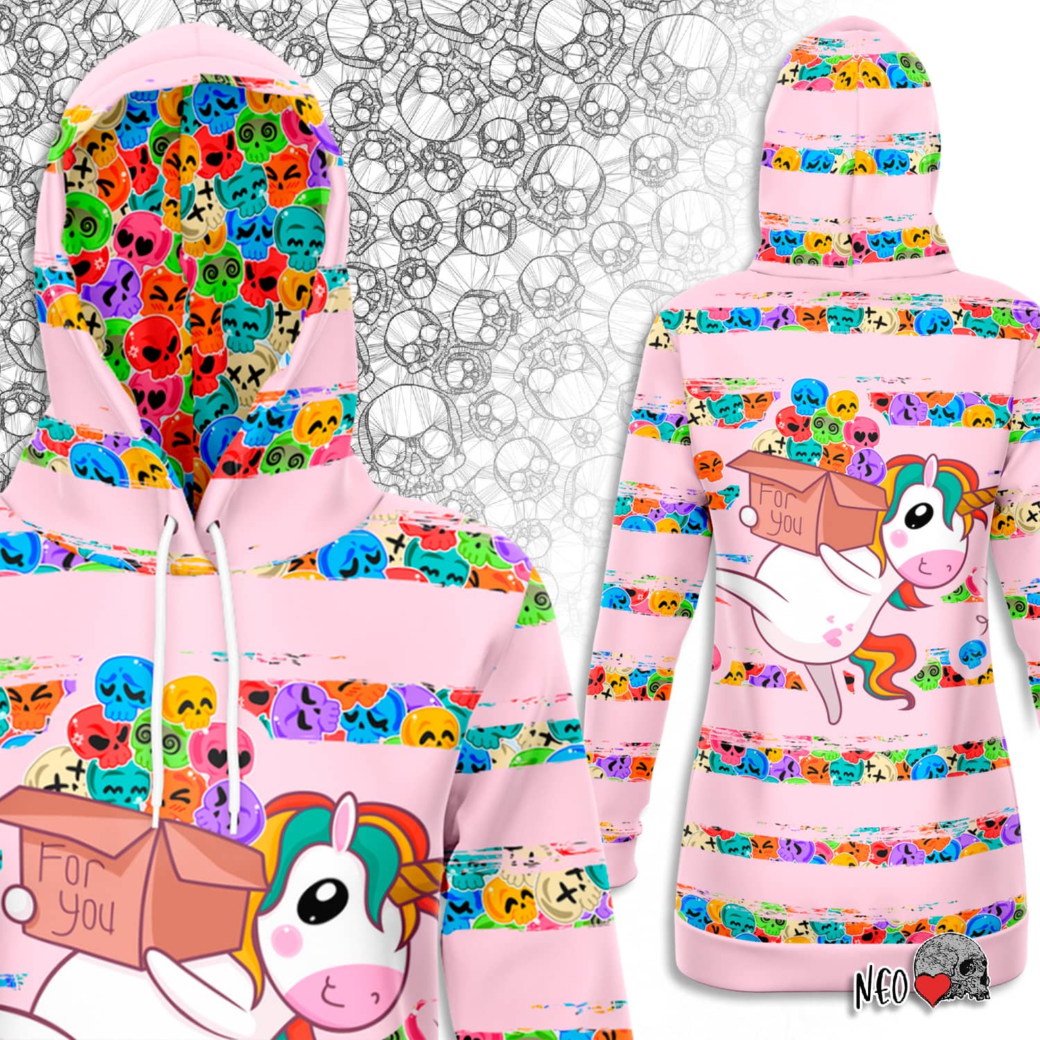 Candy Skull Unicorn Longline Hoodie - NeoSkull