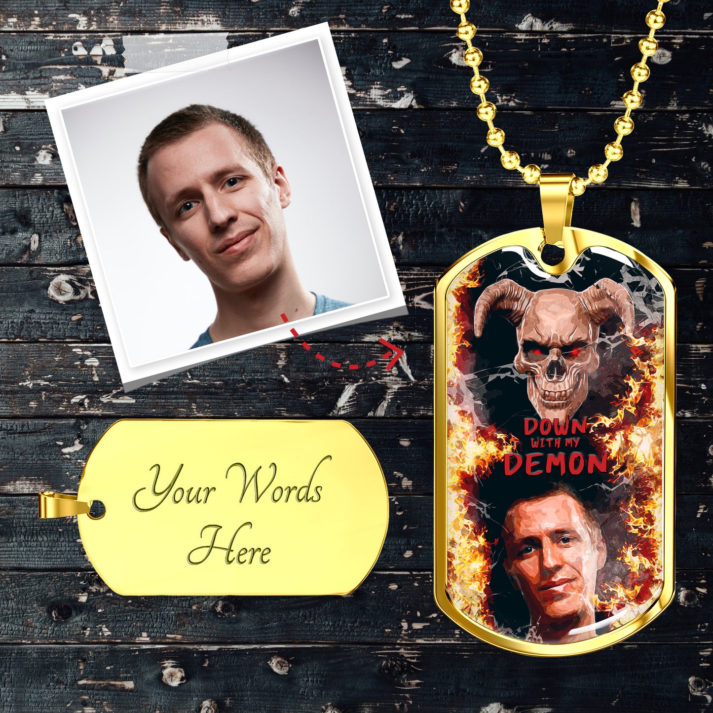 Down with My Demon Necklace, Custom photo dog tag - NeoSkull