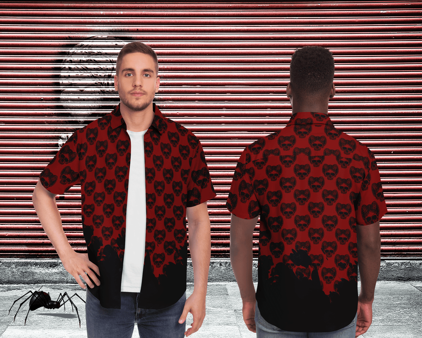 Horned Skull Short Sleeve Button Down Shirt - NeoSkull