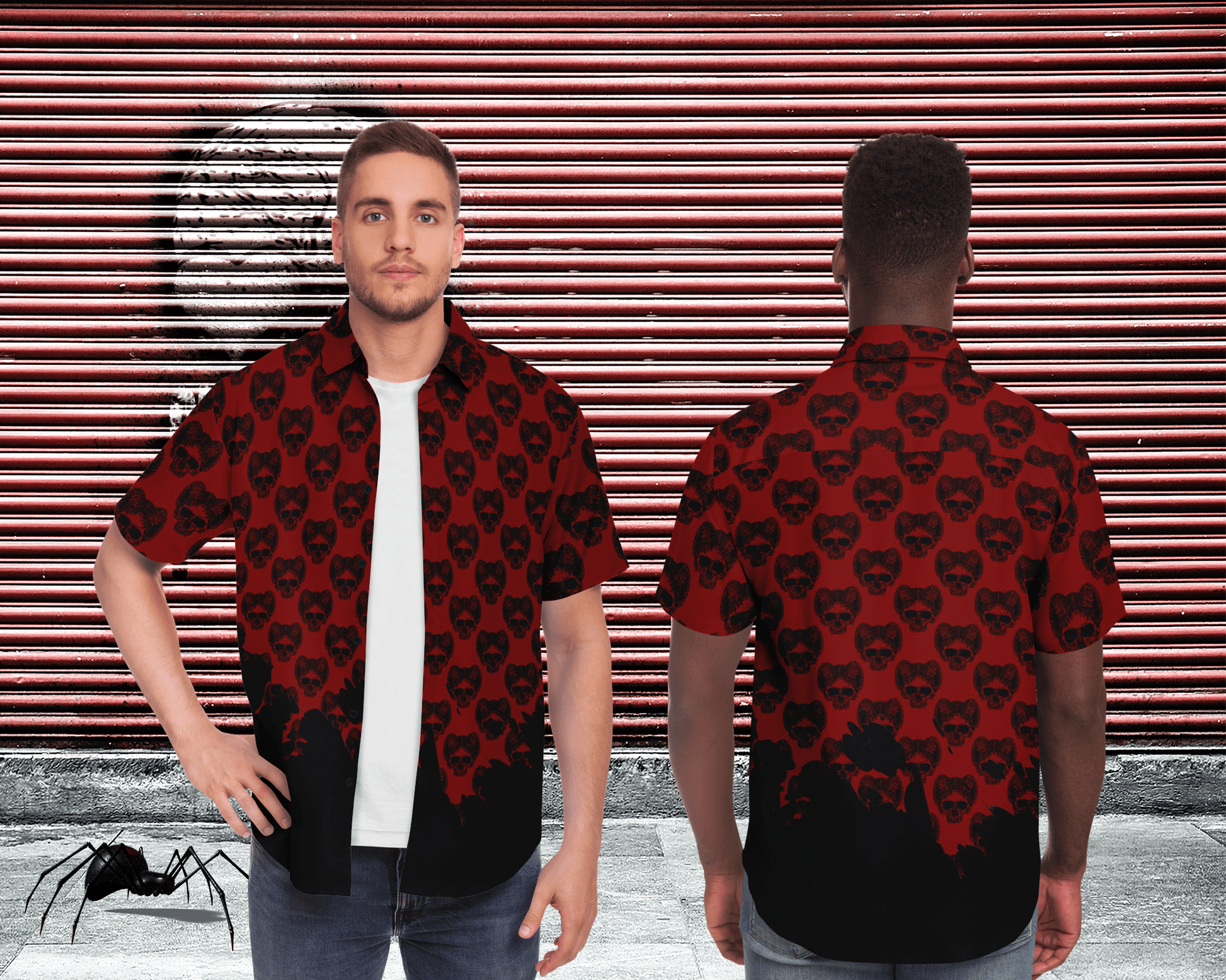Horned Skull Short Sleeve Button Down Shirt - NeoSkull