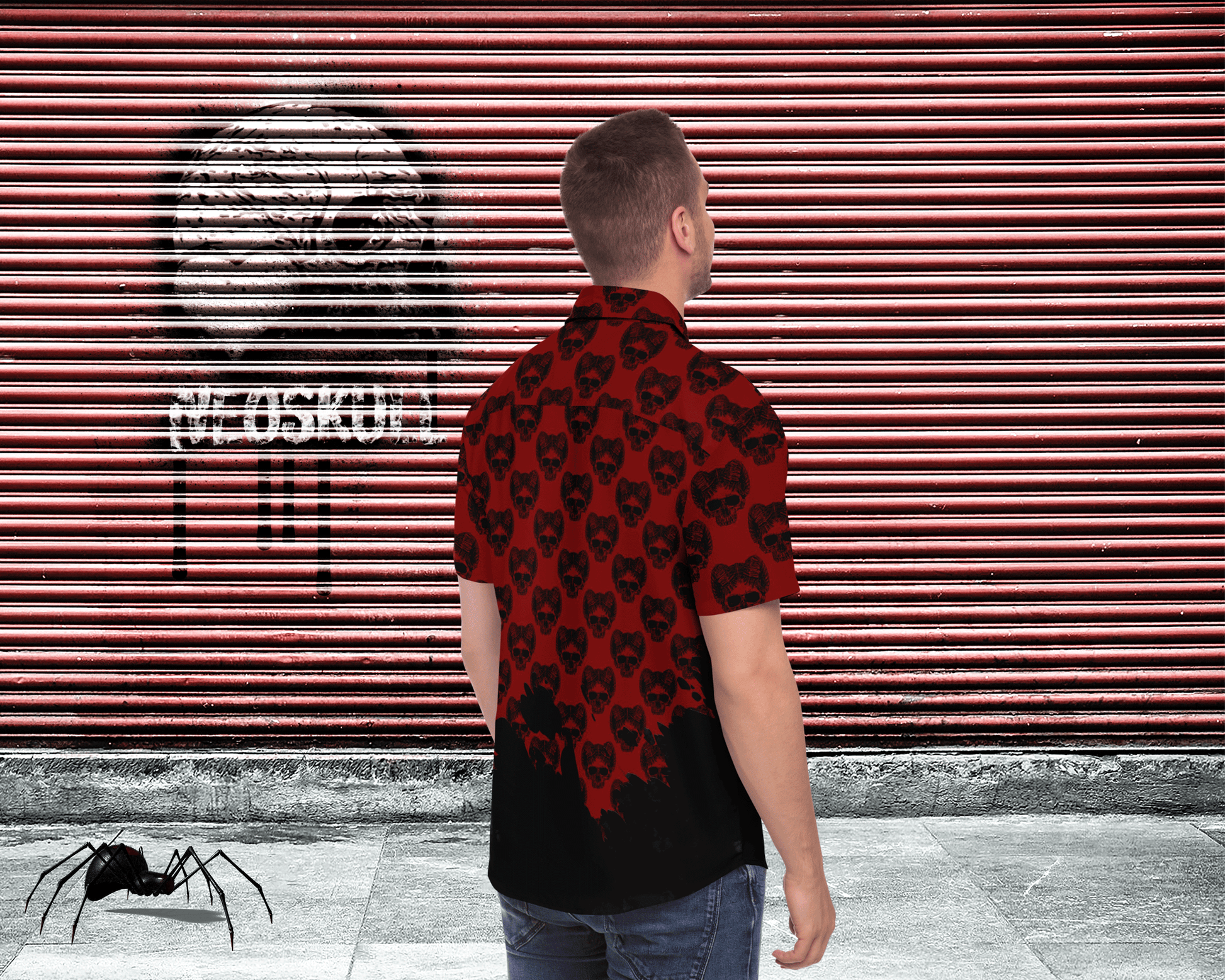 Horned Skull Short Sleeve Button Down Shirt - NeoSkull
