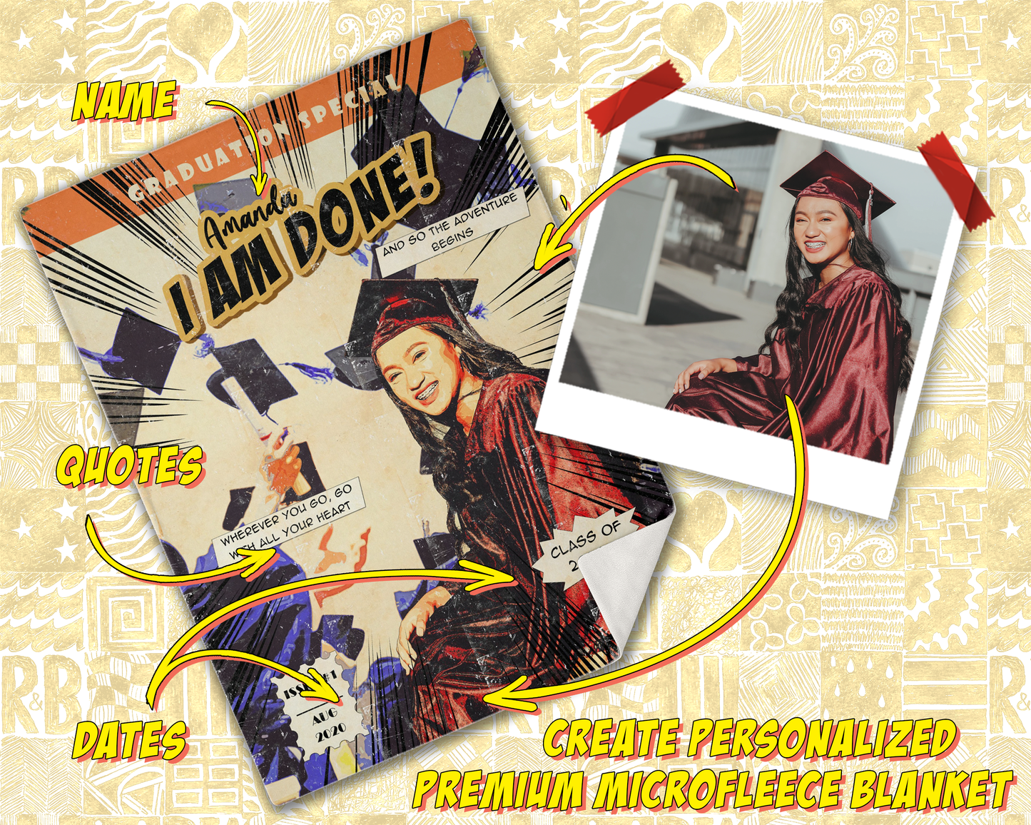 Personalized Graduation Blanket - Retro Comic Art - NeoSkull