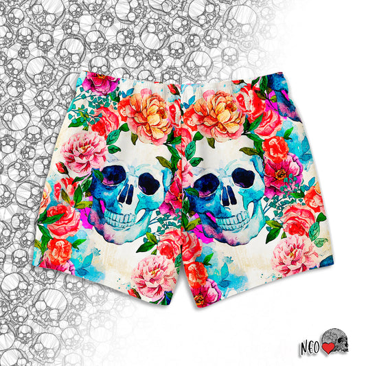 vintage skull and flowers swim trunks