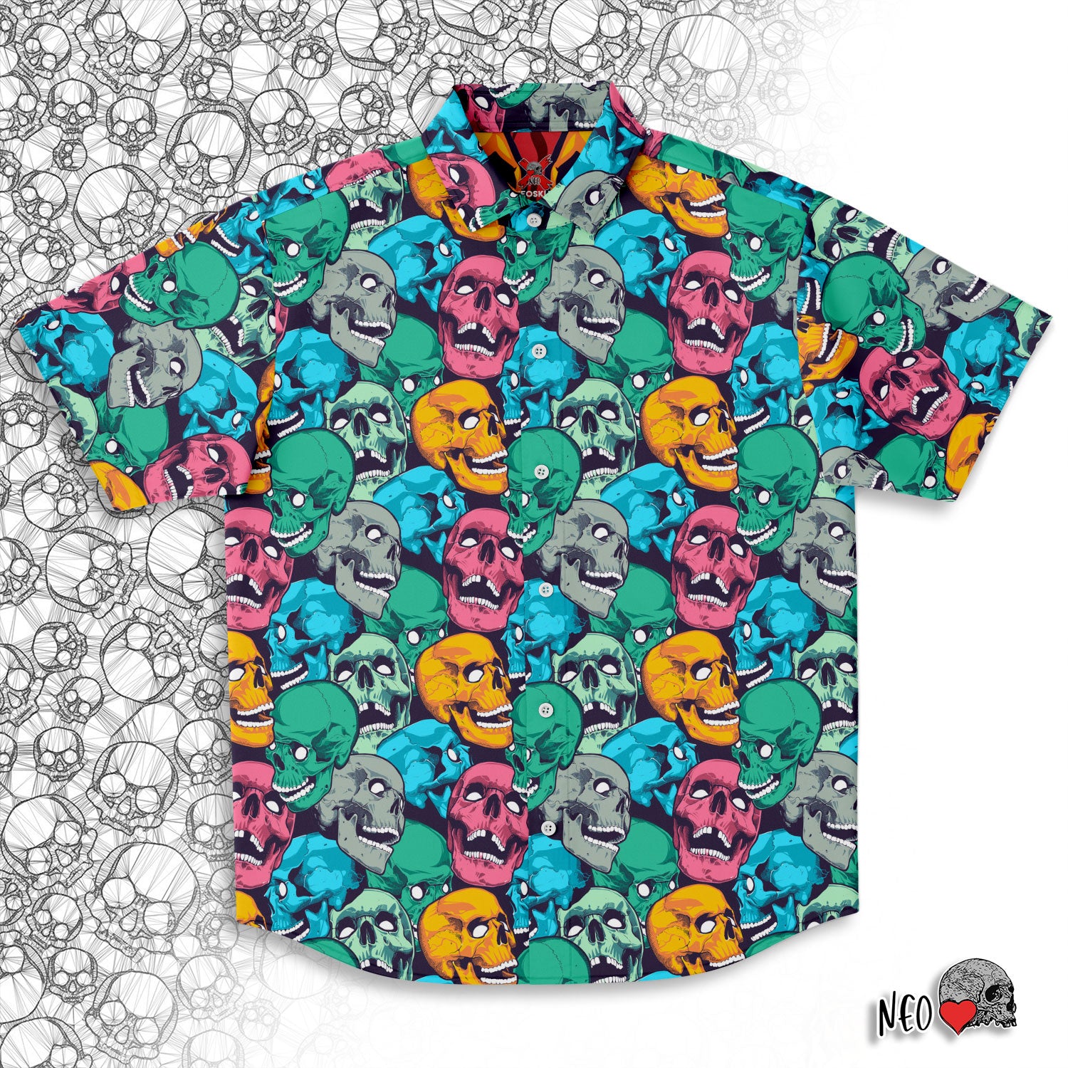 Chorus of skulls short sleeve button down shirt