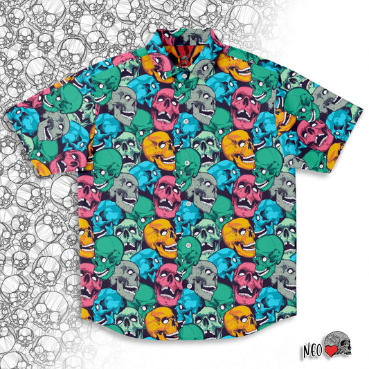 Chorus of skulls short sleeve button down shirt