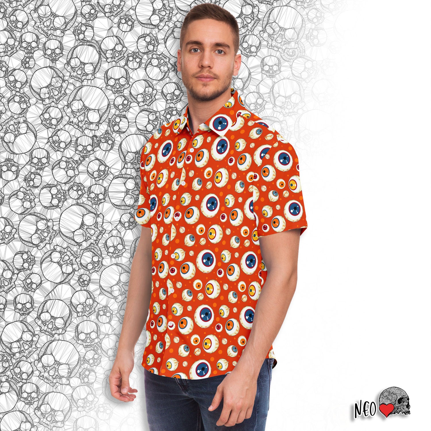 Halloween orange short sleeve button down shirt