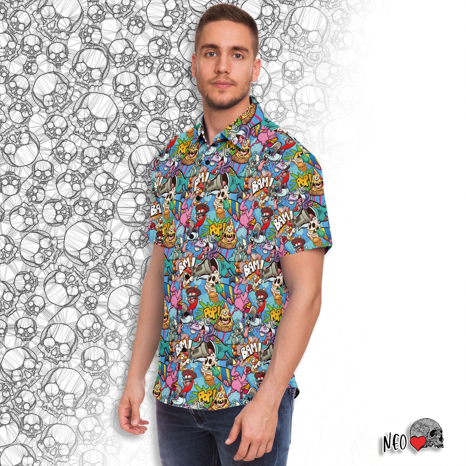 spooky cute short sleeve button down shirt