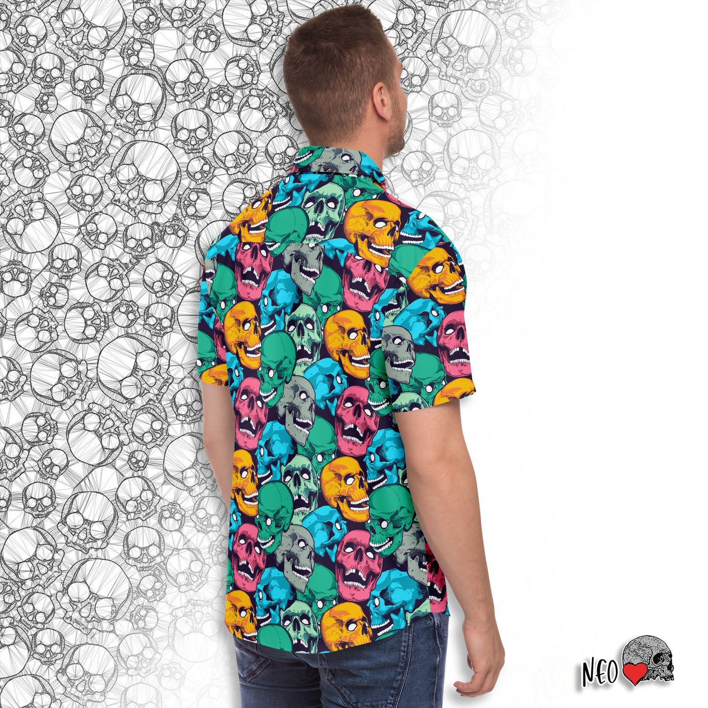 skulls print short sleeve button down shirt