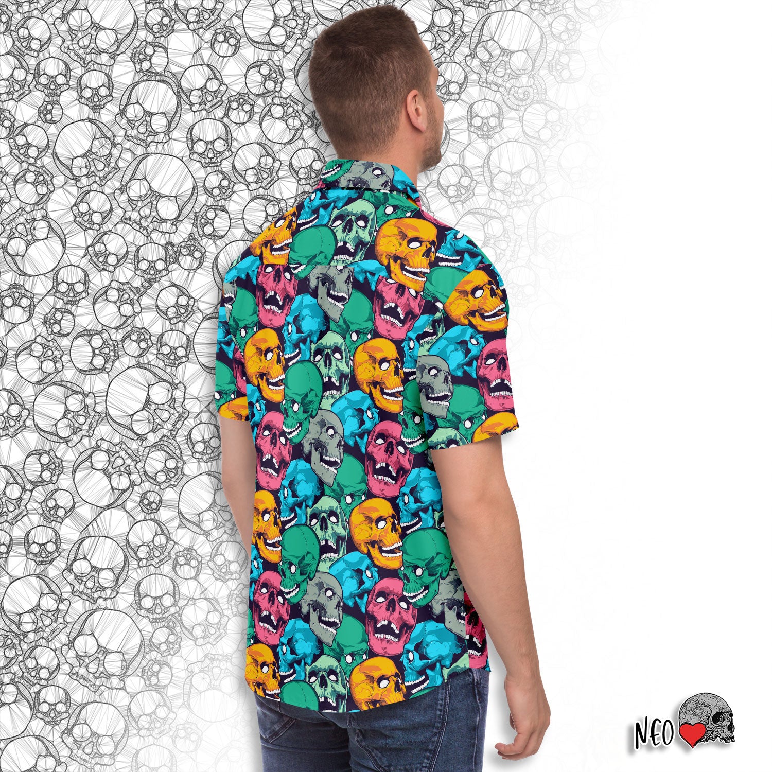 skulls print short sleeve button down shirt