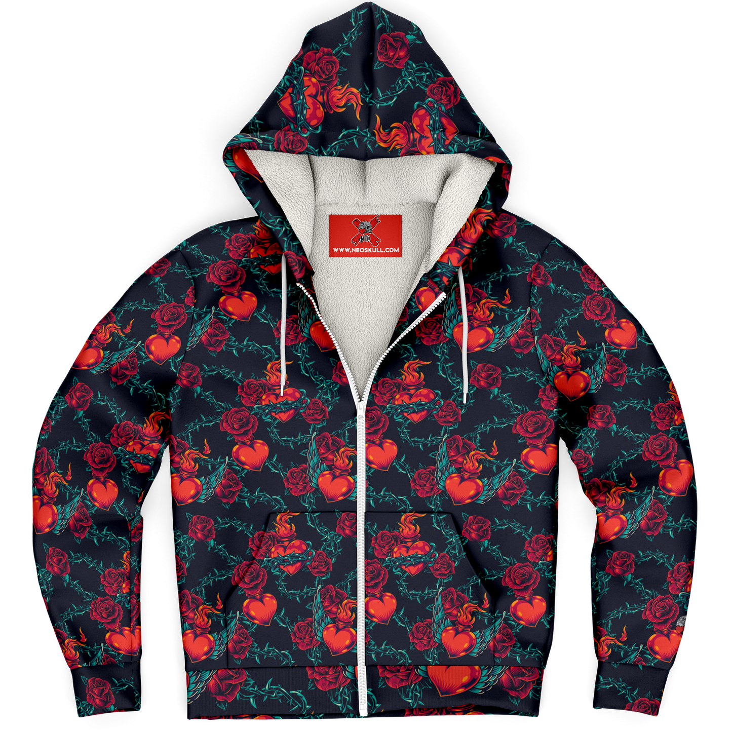 Fiery Hearts and Roses Zip-up hoodie features