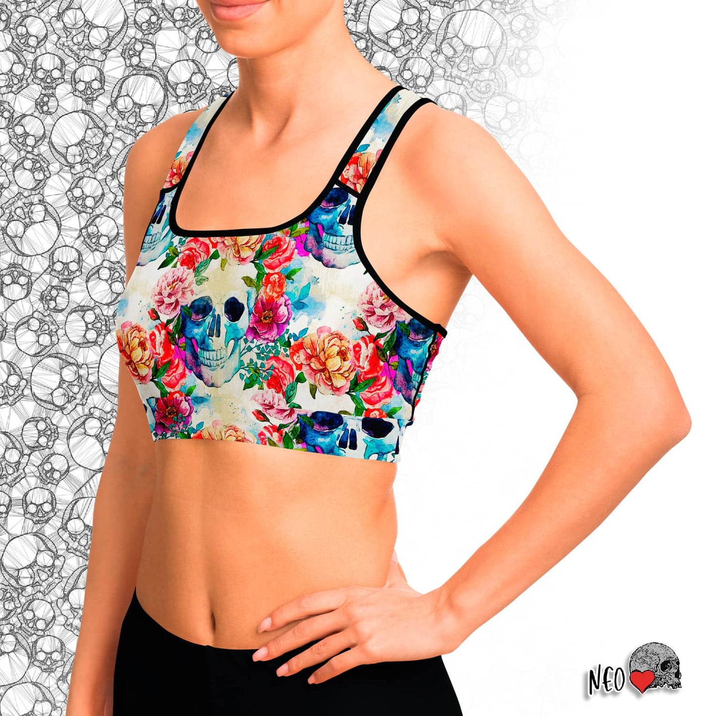 Peonies and Skull Sport Bra - NeoSkull