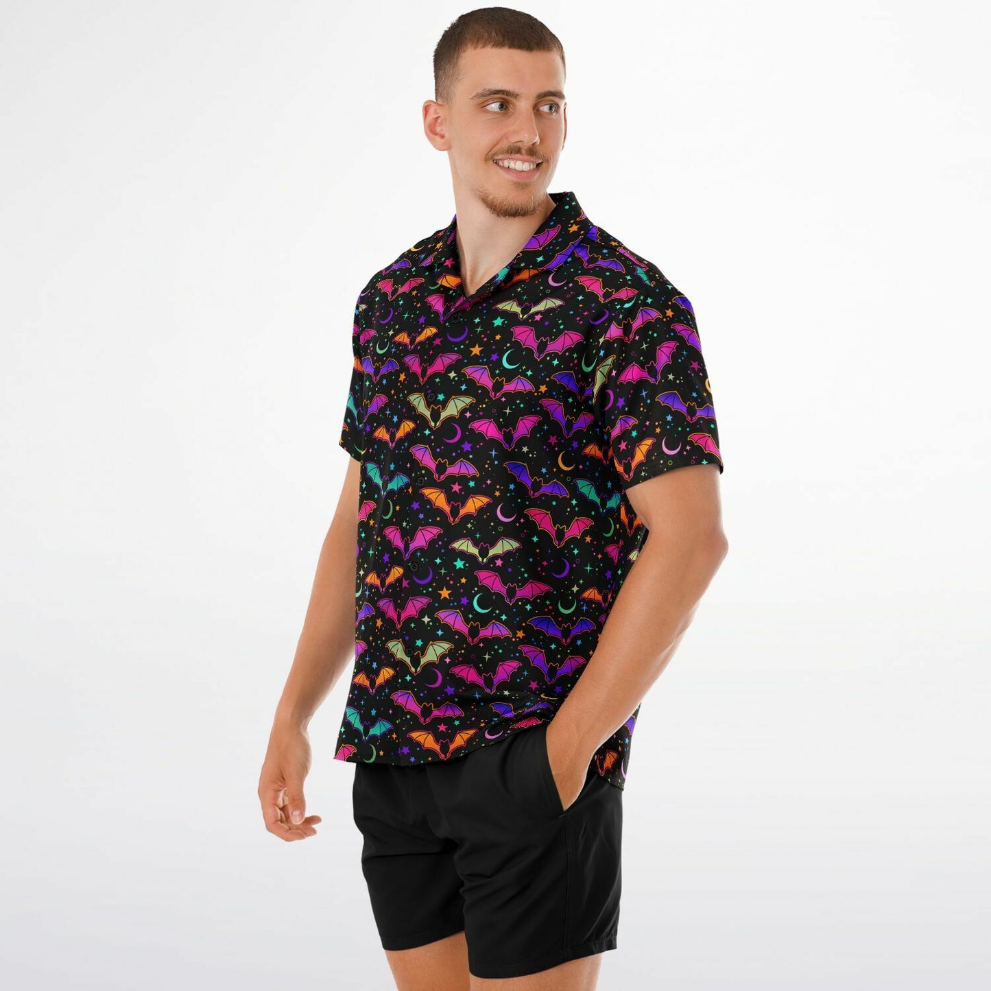 Party Bats Spread Collar Short Sleeve Button-Down Comfort Shirt