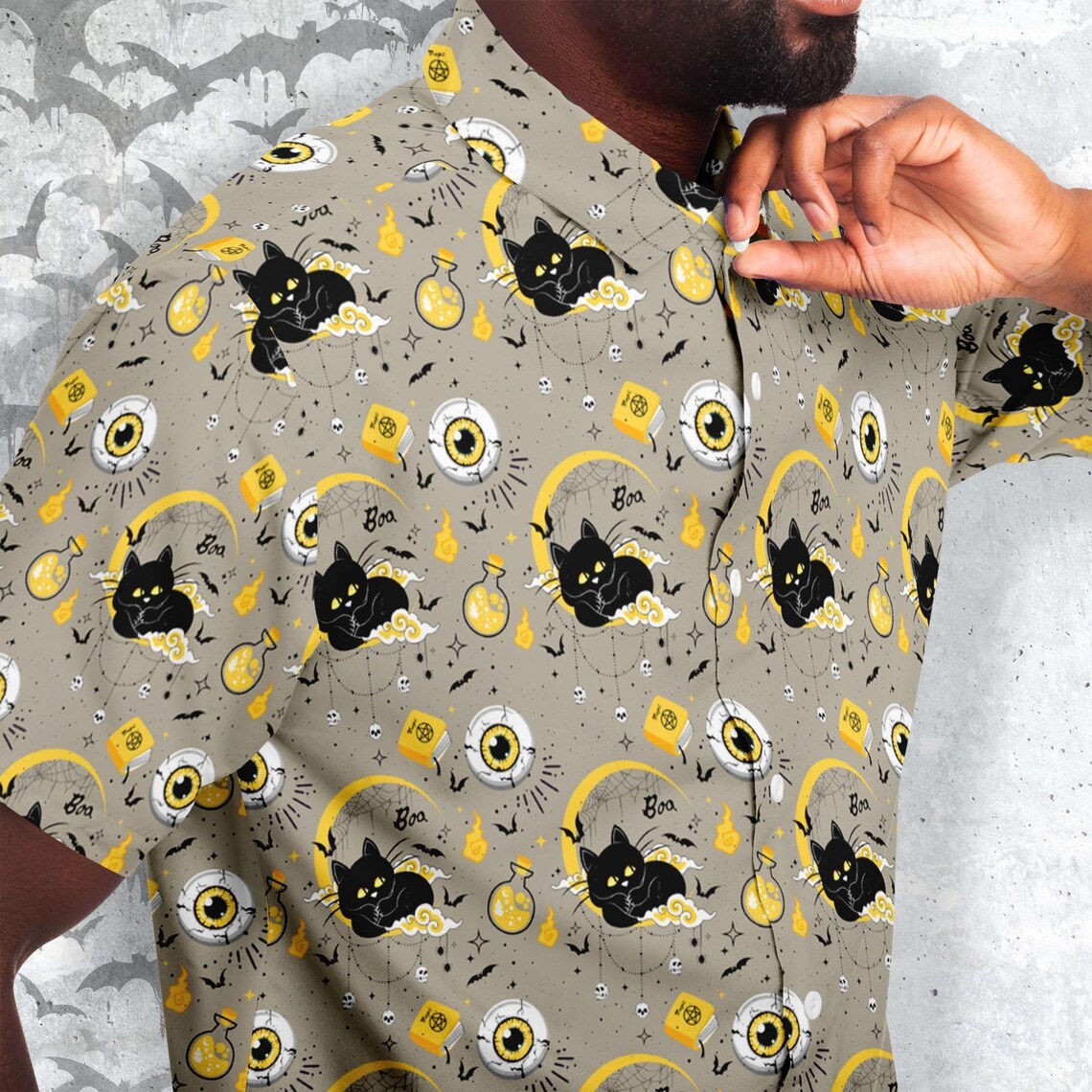 BooCat Short Sleeve Button-up Shirt - NeoSkull