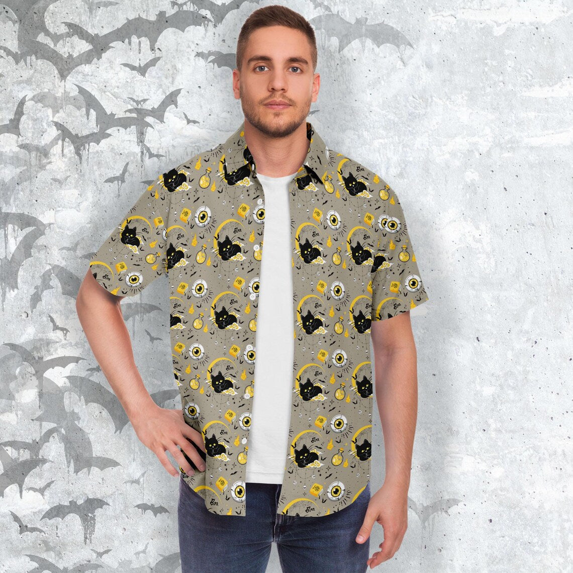 BooCat Short Sleeve Button-up Shirt - NeoSkull