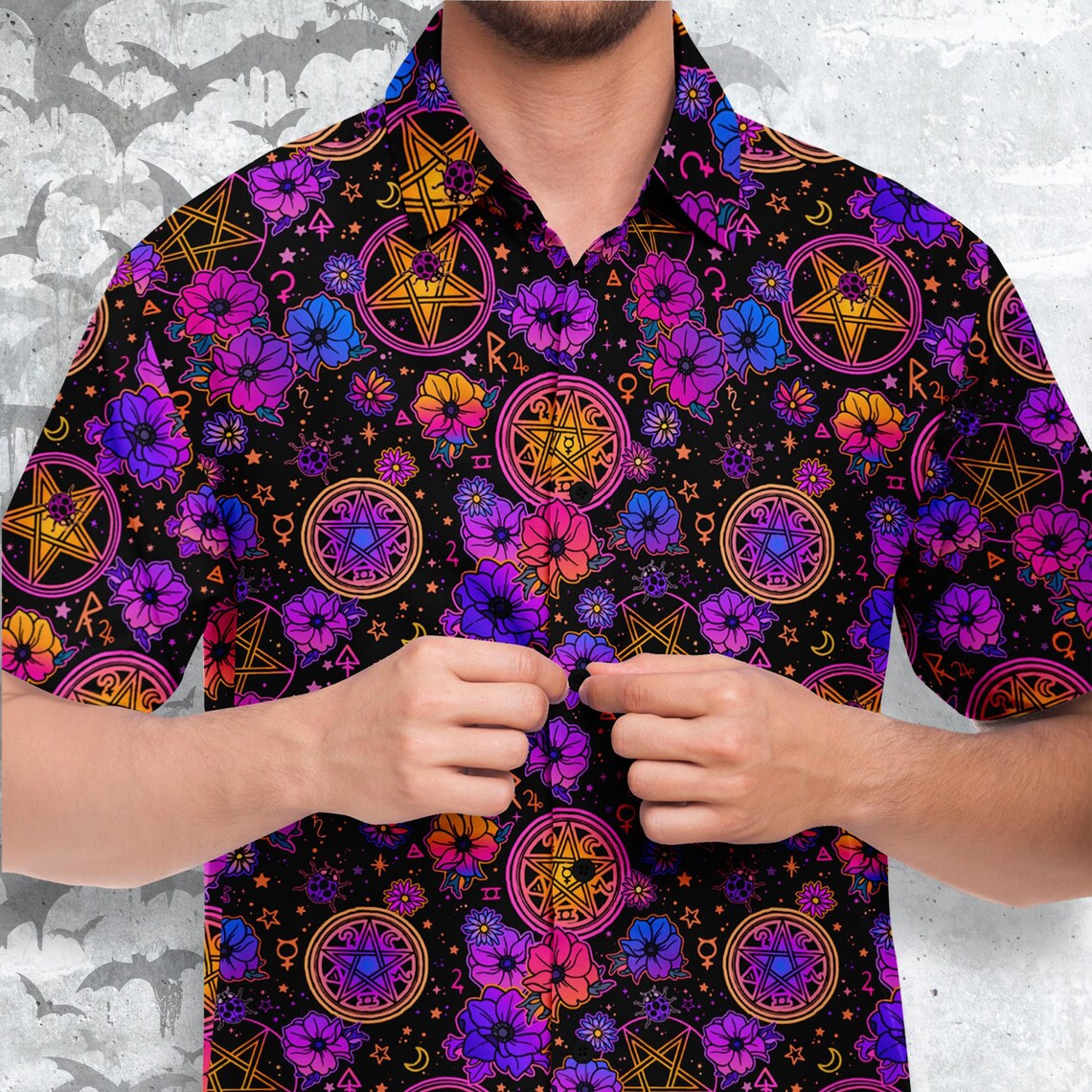 Mystical Flower Short Sleeve Button Up Shirt - NeoSkull