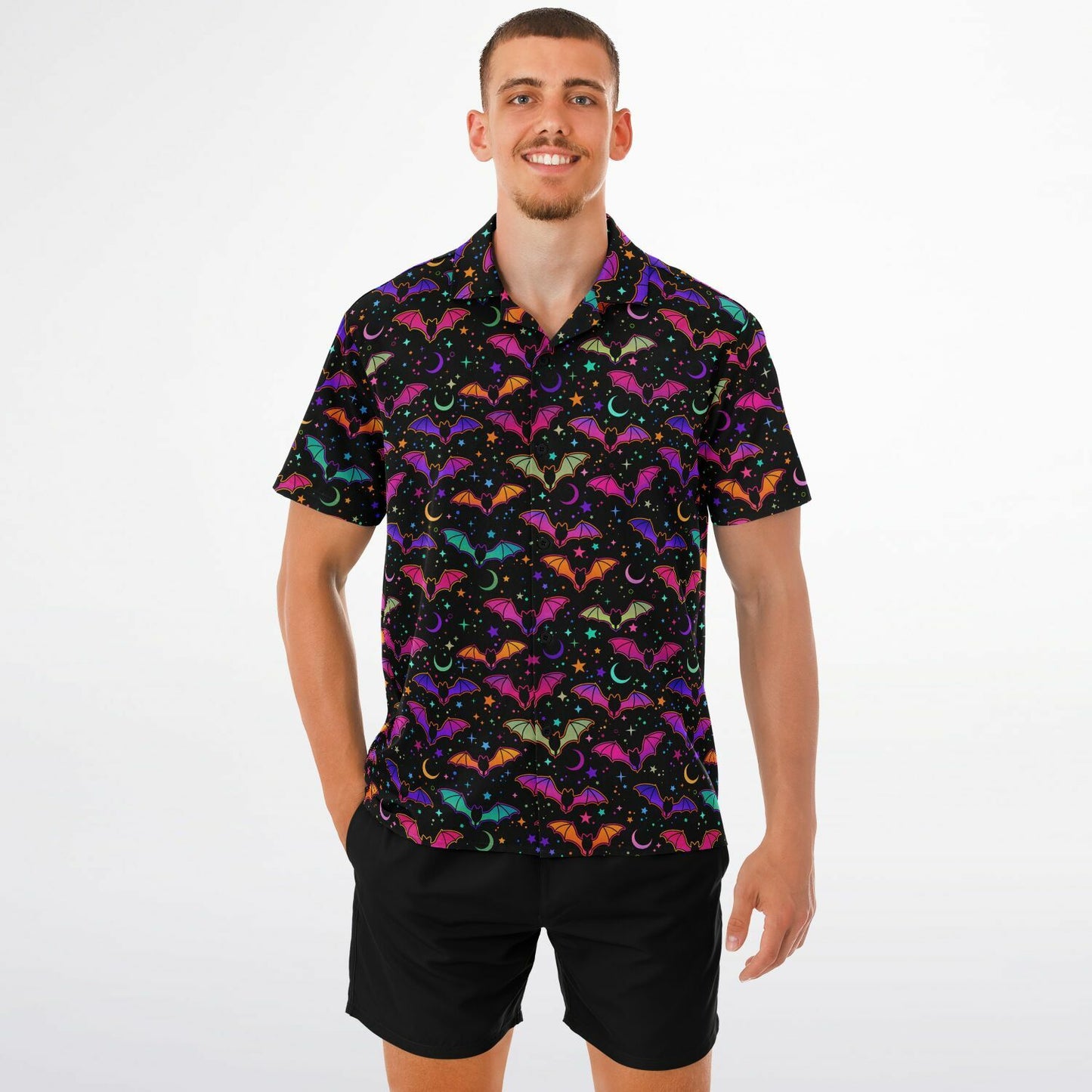 Party Bats Spread Collar Short Sleeve Button-Down Comfort Shirt