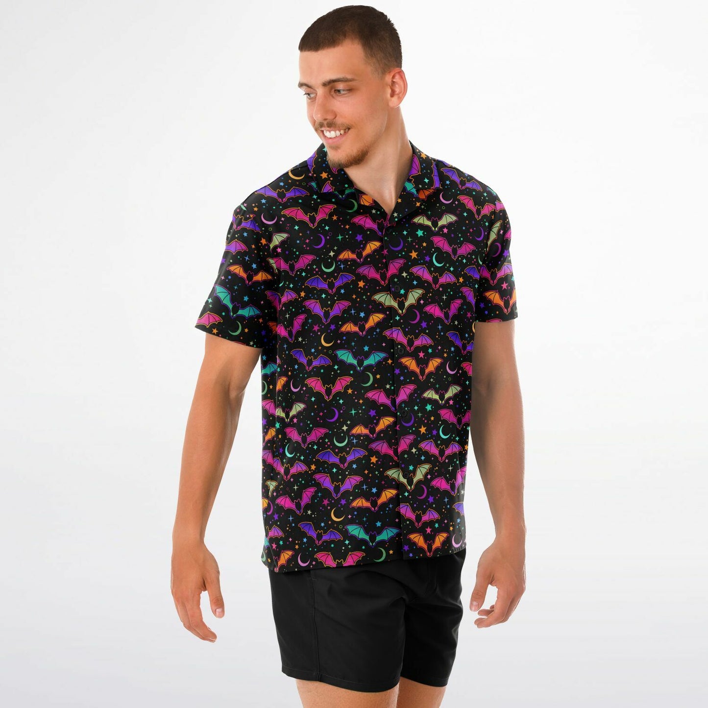 Party Bats Spread Collar Short Sleeve Button-Down Comfort Shirt