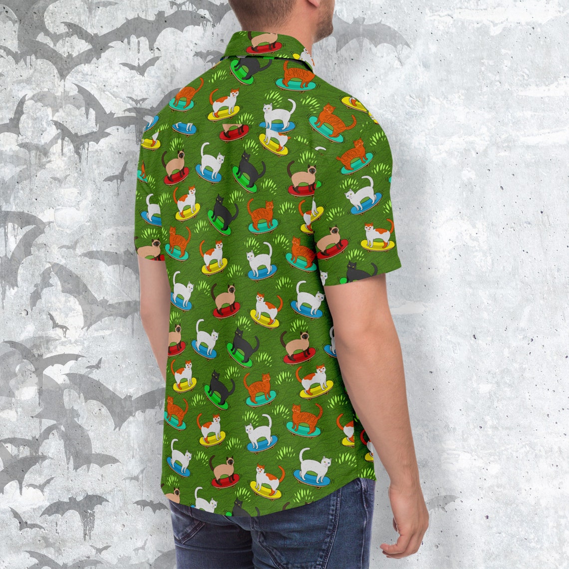 Сats Skateboarders Short Sleeve Button-up Shirt - NeoSkull