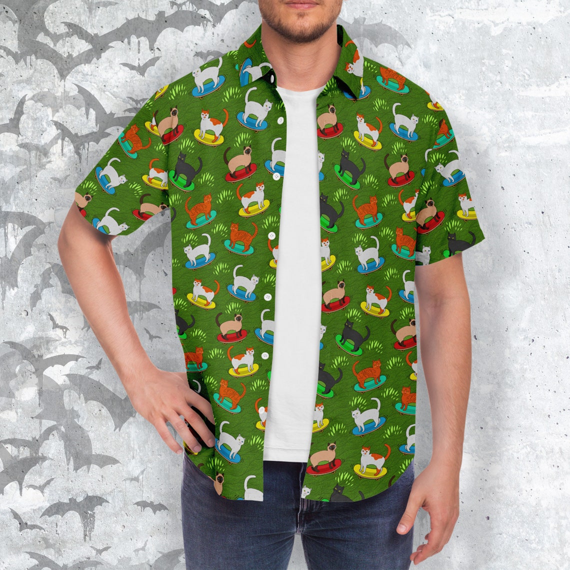 Сats Skateboarders Short Sleeve Button-up Shirt - NeoSkull