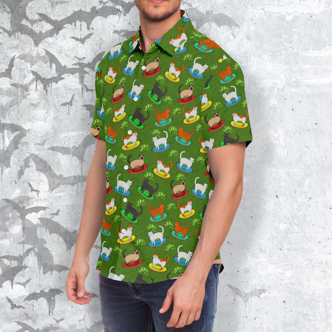 Сats Skateboarders Short Sleeve Button-up Shirt - NeoSkull