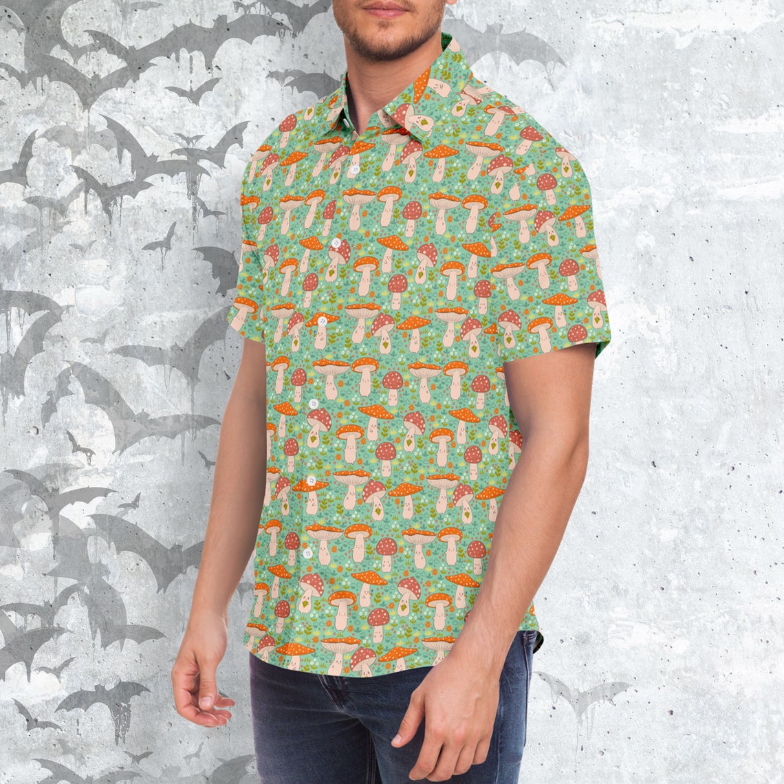 Busy Mushrooms Short Sleeve Button-up Shirt