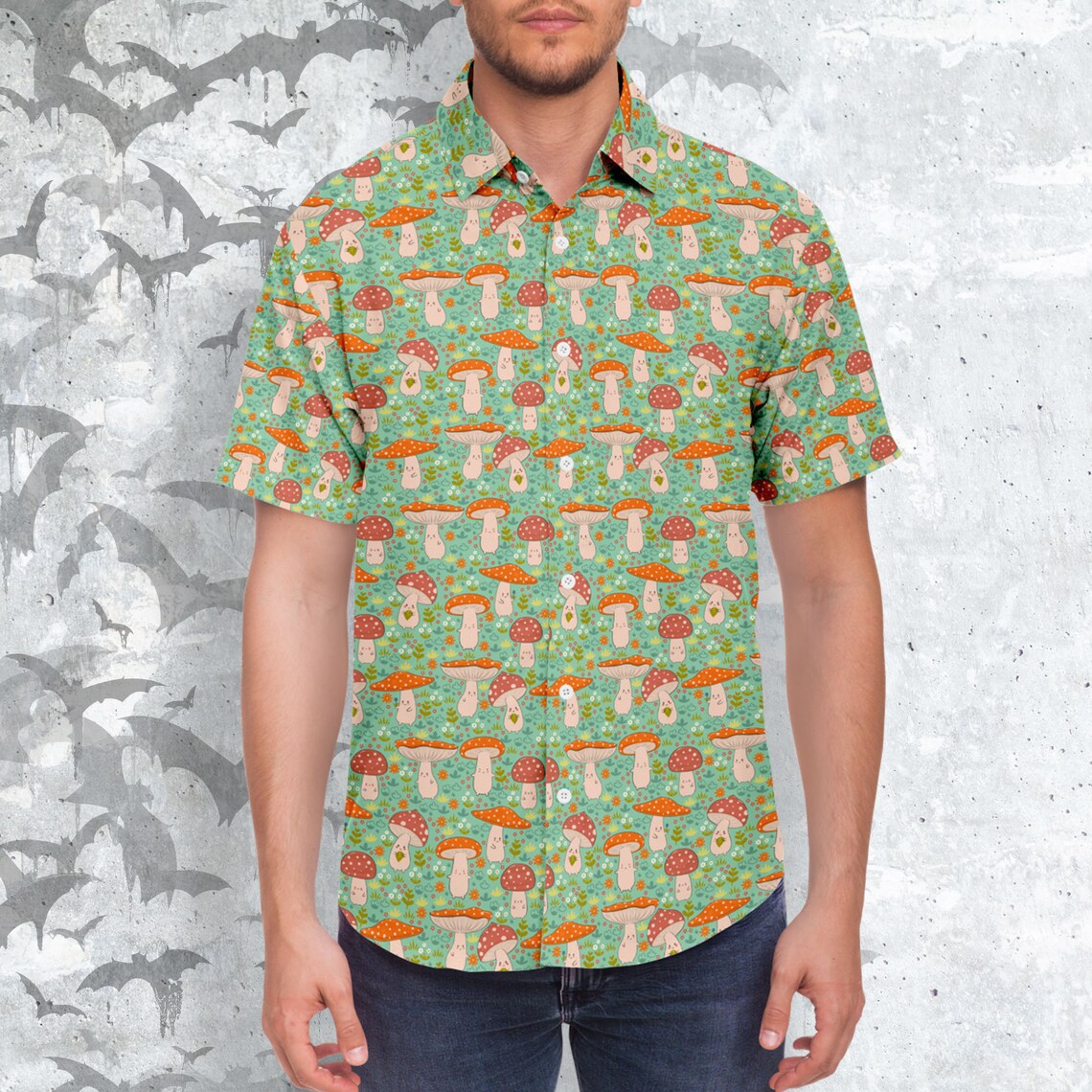 Busy Mushrooms Short Sleeve Button-up Shirt