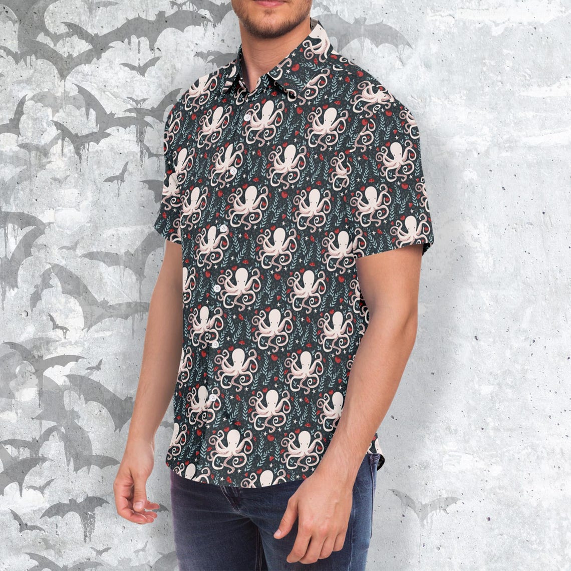 Octopus and flowers Short Sleeve Button Up Shirt - NeoSkull